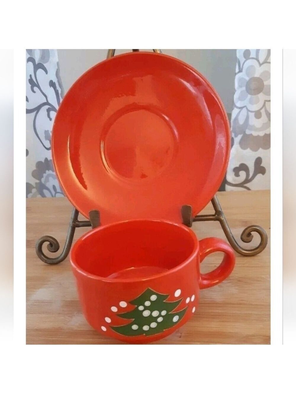 WAECHTERSBACH painted Christmas Tree glossy red flat cup saucer GERMANY